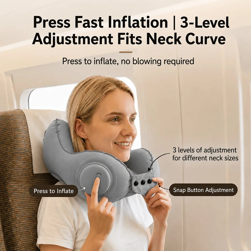 Inflatable Travel Neck Pillow – Push-Button Inflation, U-Shape & Adjustable Buckle