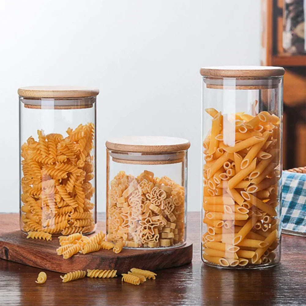 Glass Storage Jars with Wooden Lids – Airtight, Set of 5 & 300-950ml