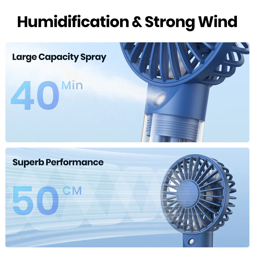 Mini Handheld Misting Fan – 2000 mAh Battery, 3 Speeds & Brushless Motor