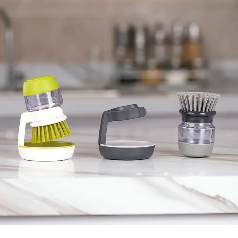 Dish Brush with Soap Dispenser – Ergonomic Grip, Refillable & Countertop Stand