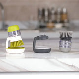 Dish Brush with Soap Dispenser – Ergonomic Grip, Refillable & Countertop Stand