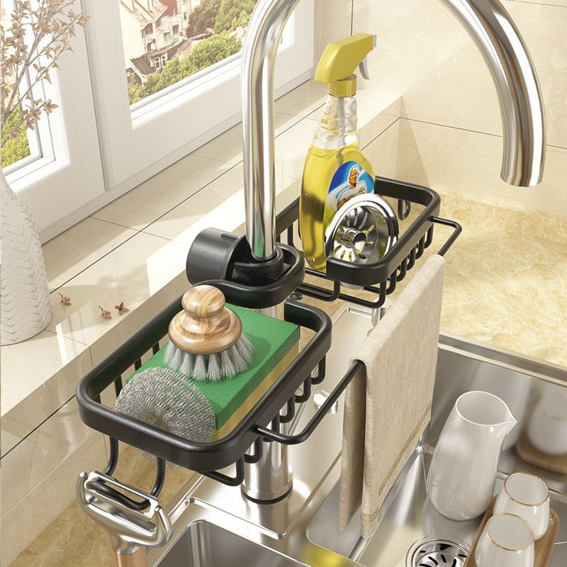 Enhanced Product Title: **Multifunctional Kitchen Organizer - Sponge, Brush & Towel Holder Combo for Space-Saving Efficiency**