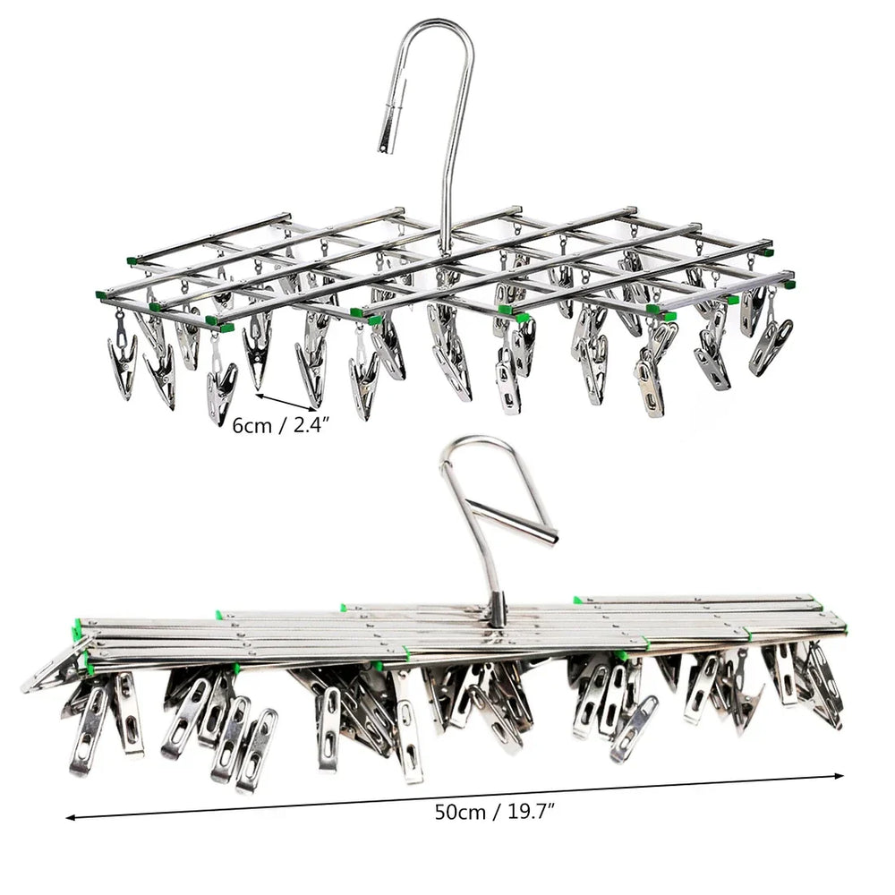 Folding Clothes Drying Rack – 35 Stainless Steel Clips, 360° Hook & Windproof