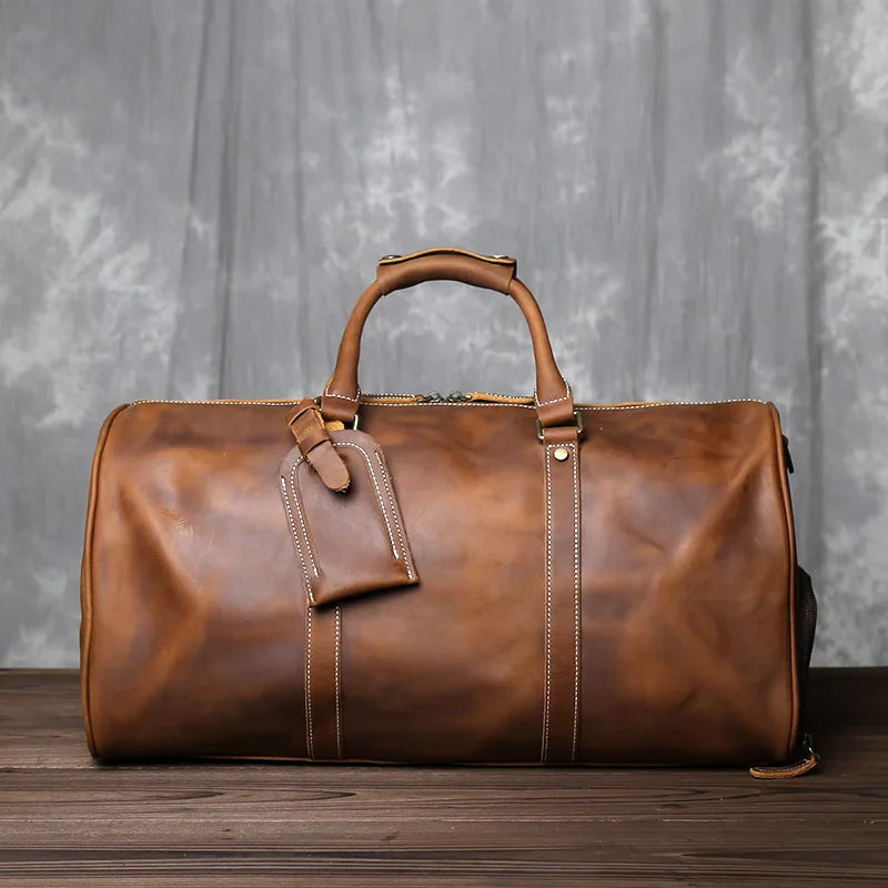 Leather Travel Duffel Bag – Crazy Horse Brown, Large Capacity & Shoulder Strap