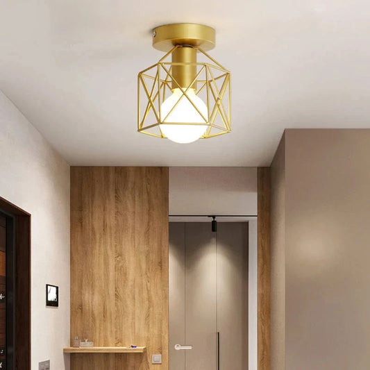 Ceiling Light – Modern Gold Finish, Geometric Design & Metal Cage Style
