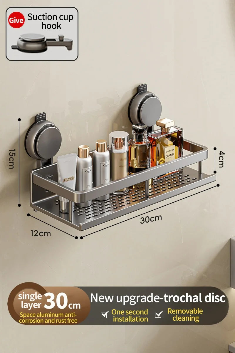 Wall-Mounted Bathroom Shelf – Suction Mount, Aluminum Alloy & Towel Bar