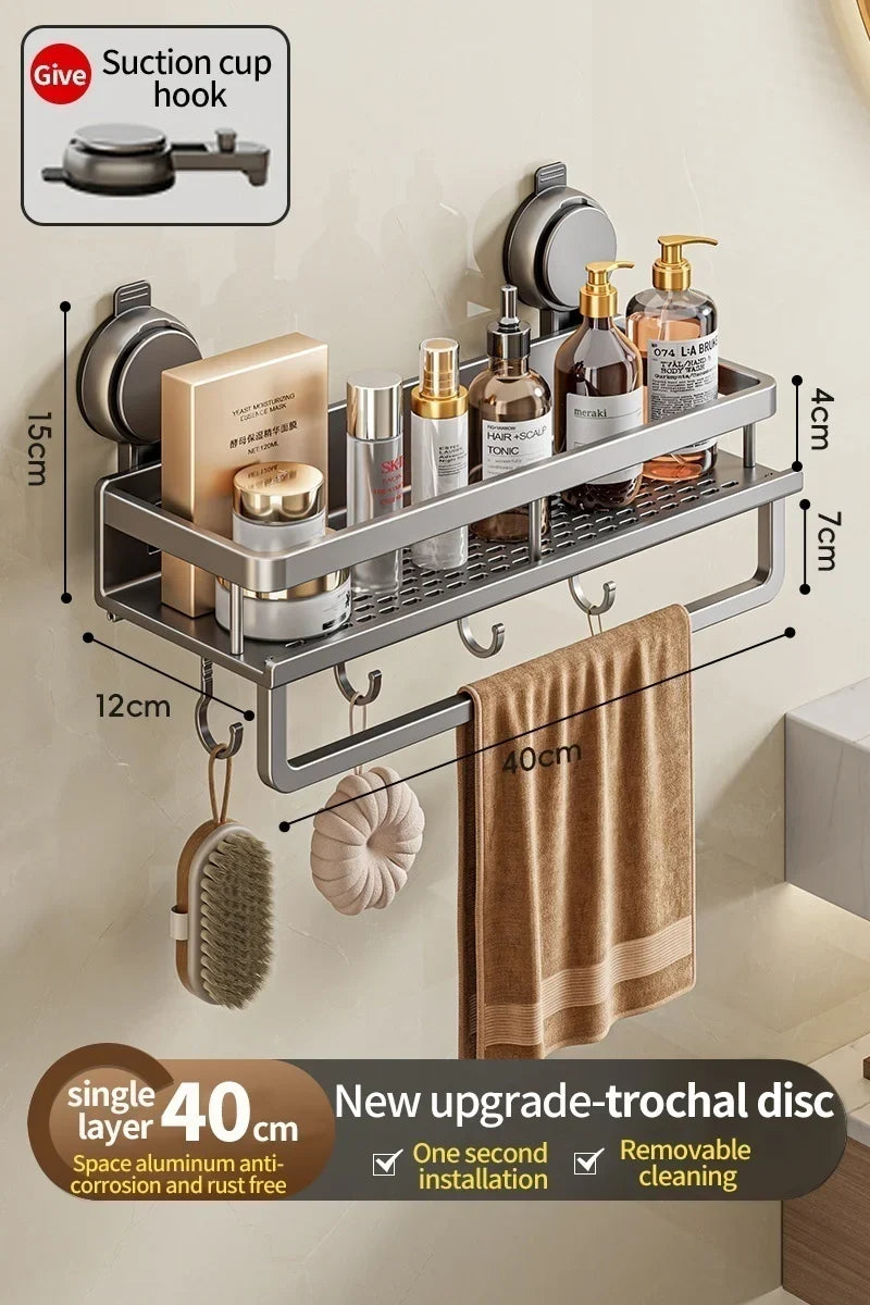 Wall-Mounted Bathroom Shelf – Suction Mount, Aluminum Alloy & Towel Bar