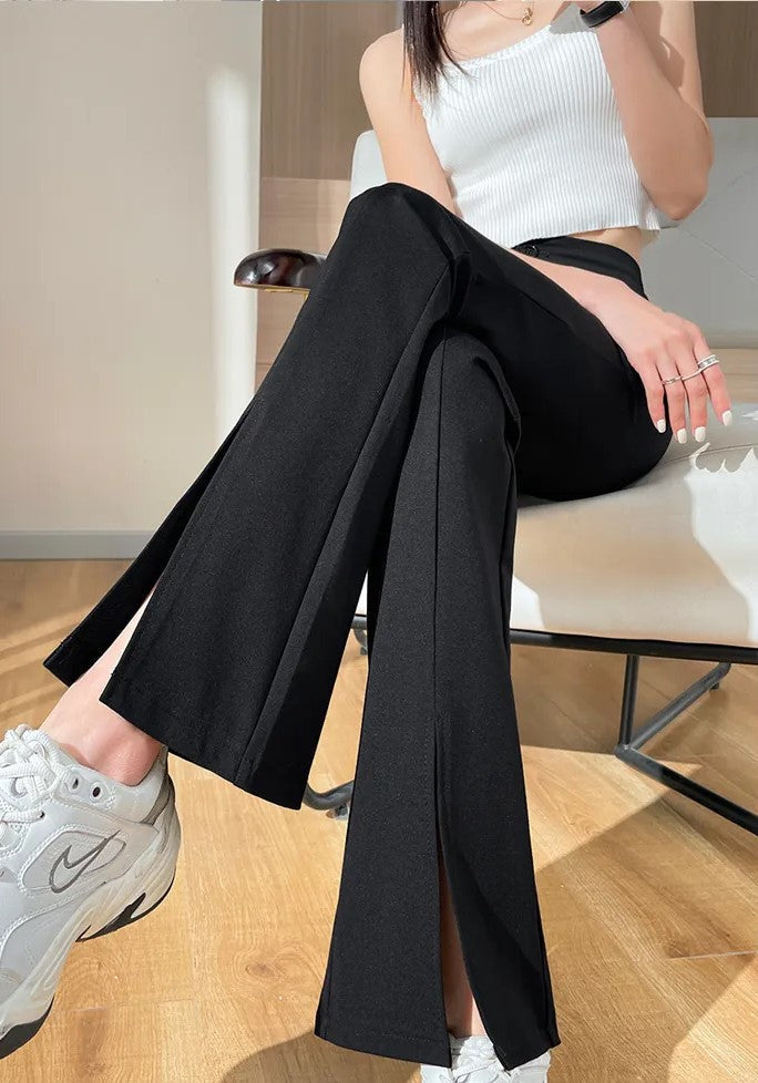 Plus-Size Black Flared Pants with Slit - Stylish Fall Edition for Women