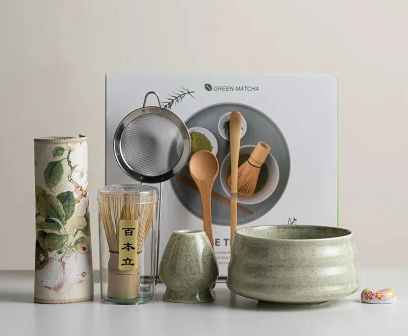 Matcha Set 8-Piece Sakura Design Ceramic Bowl Bamboo Whisk Frother