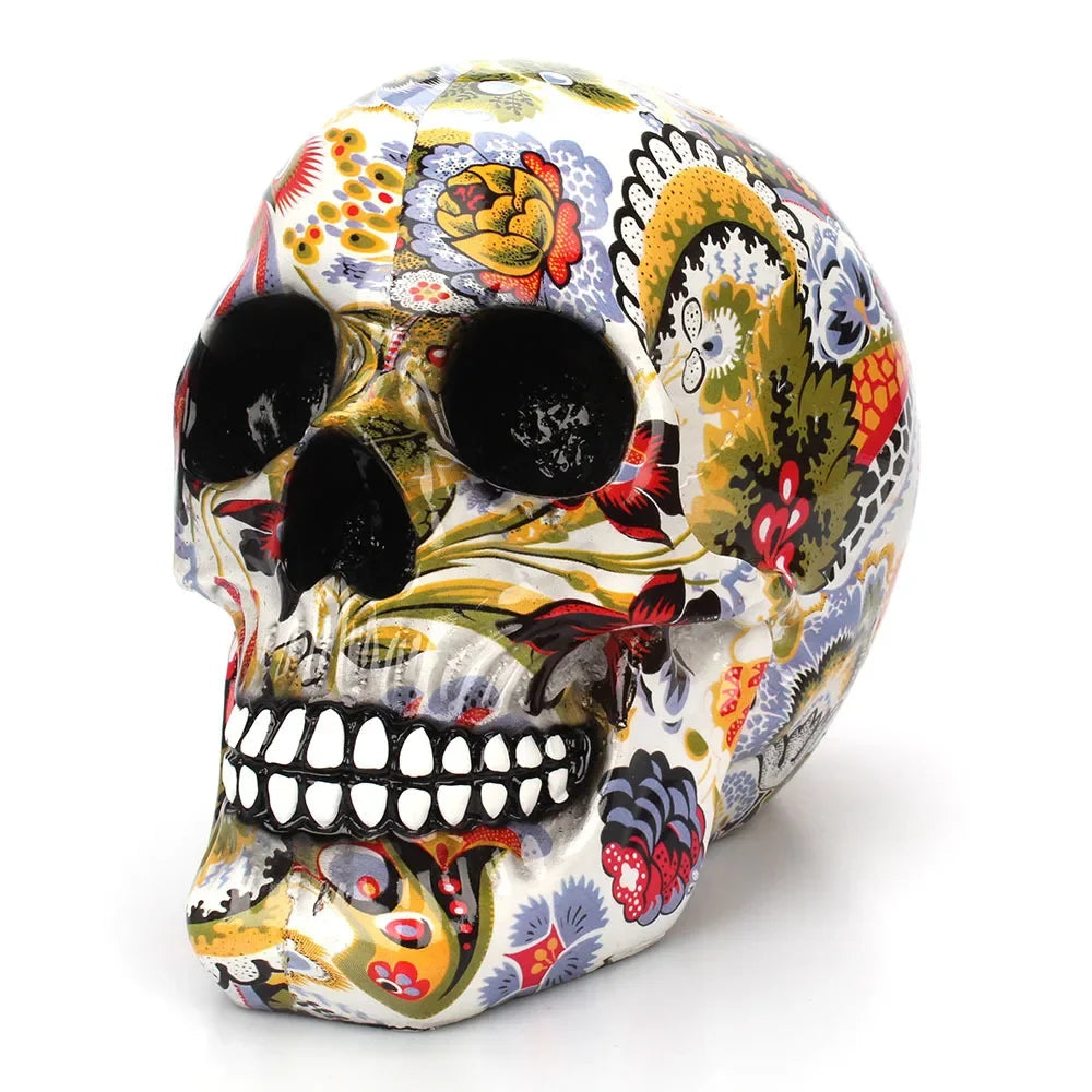Mexican Floral Skull Figurine – Hand-Painted Resin, 18.5cm & Day of the Dead Decor