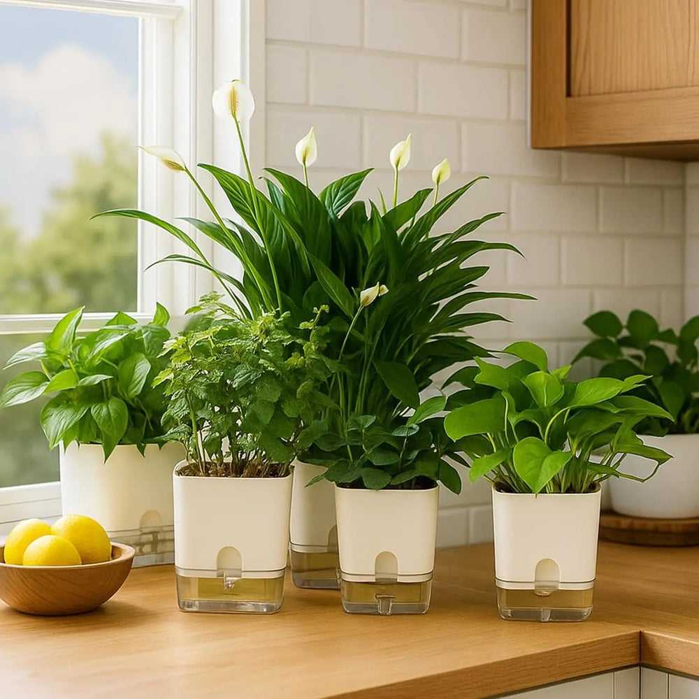Self-Watering Plant Pot – Visible Water Level, Cotton Wick & White Design
