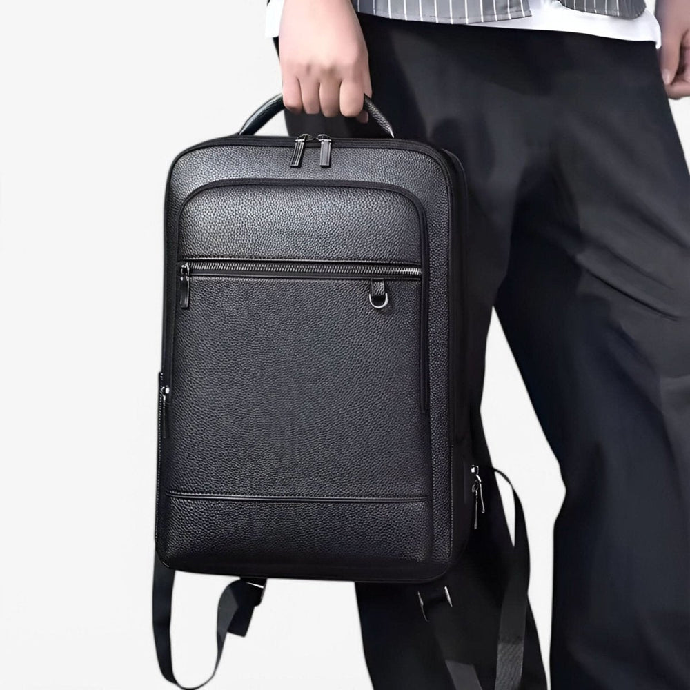 Men's Leather Laptop Backpack – USB Charging Port, 15.6-Inch Sleeve & PU Leather