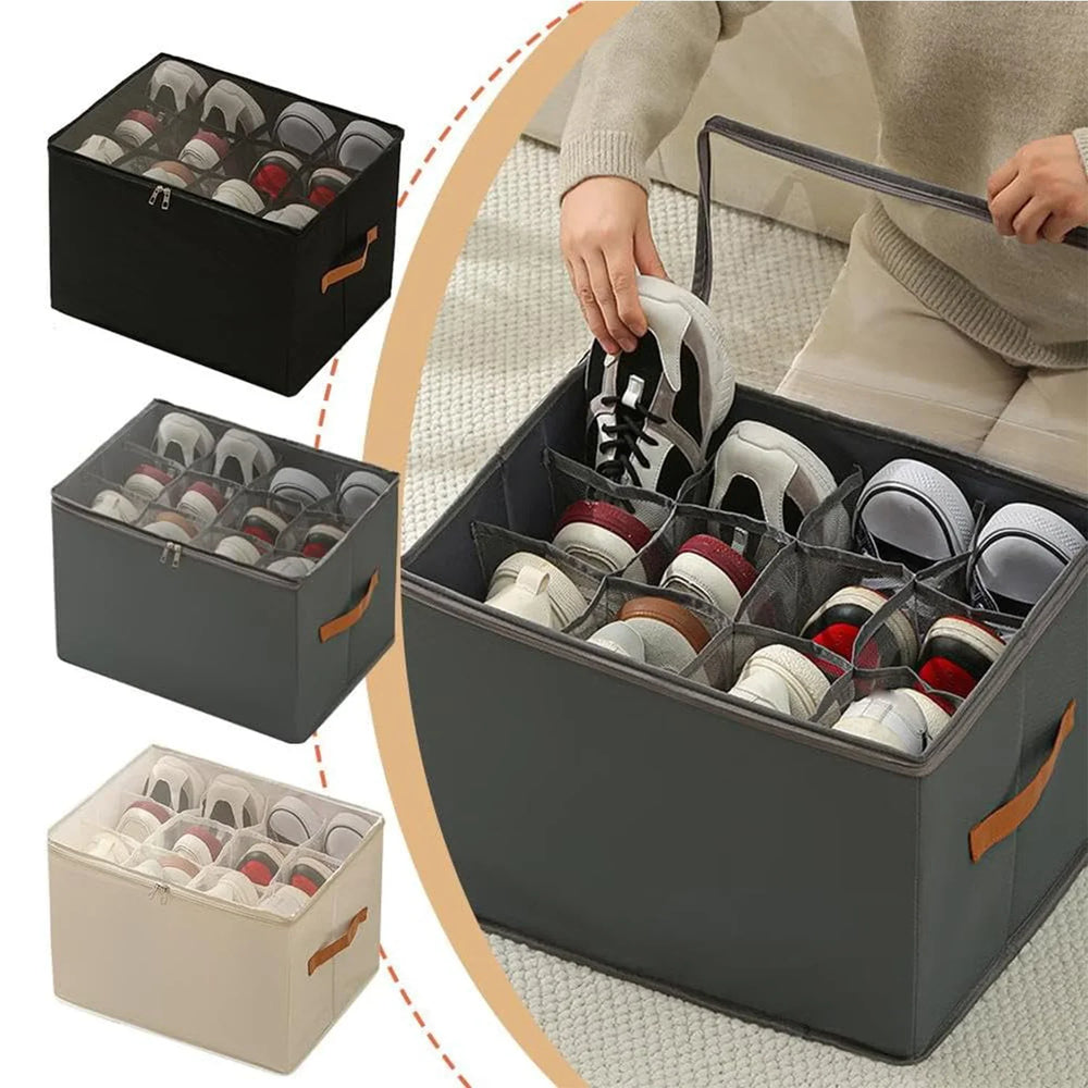 Foldable Shoe Storage Box – Clear Lid, Leather Handle & Stackable
