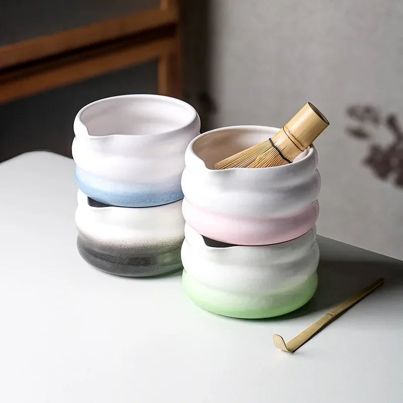 Japanese Matcha Bowl Set Green 550ml Ceramic with Spout for Tea Ceremony