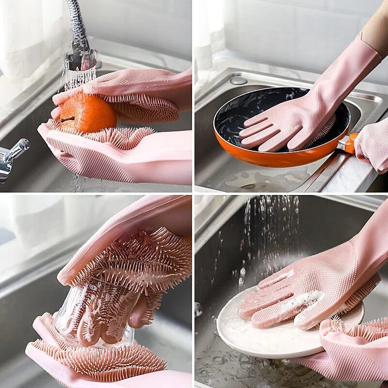 Silicone Dish Gloves – Built-In Scrub Bristles, Heat-Resistant & Reusable
