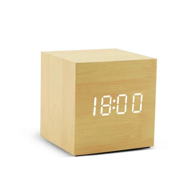 Wooden LED Alarm Clock – Temperature Display, Sound Activation & USB/Battery Power