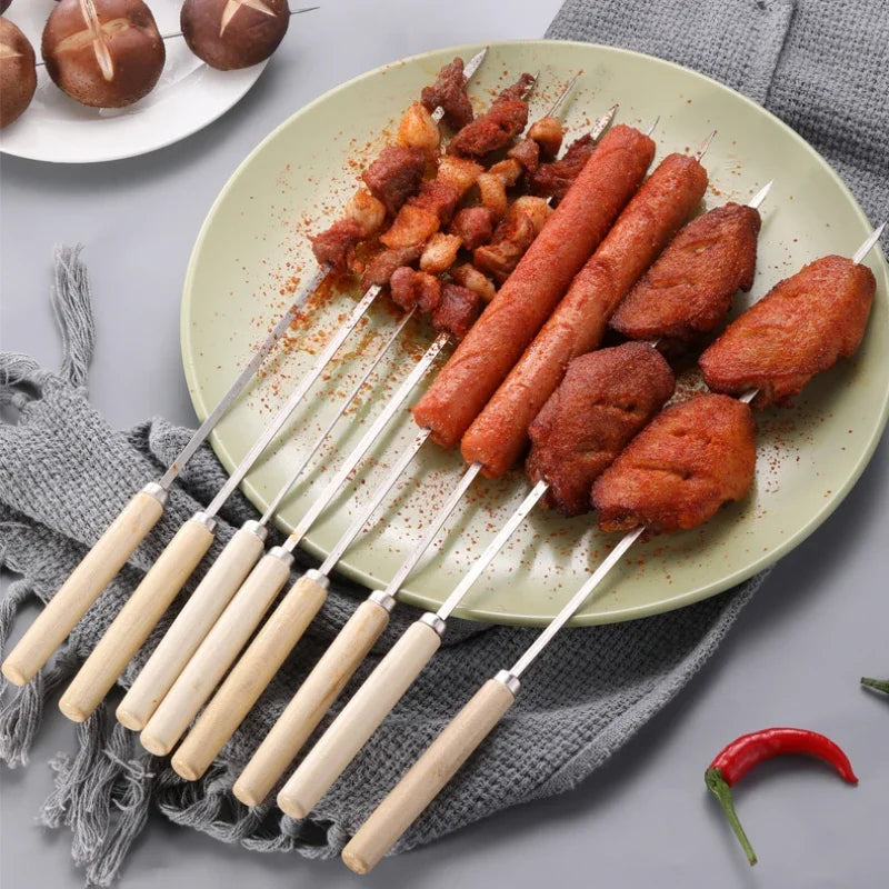 Wooden Handle BBQ Skewers – 304 Stainless Steel, Wide Flat Blade & Set of 10