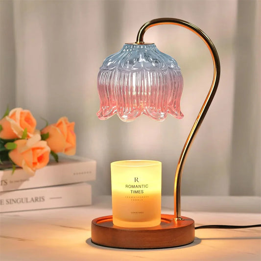Candle Warmer Lamp – Retro Glass Shade, Solid Wood Base & Dimmable Design