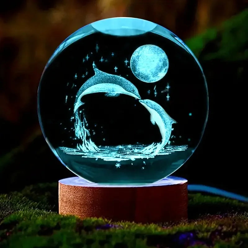 3D Laser-Engraved Crystal Glass Sphere with Color-Changing LED Base - Stunning Decorative Art Piece