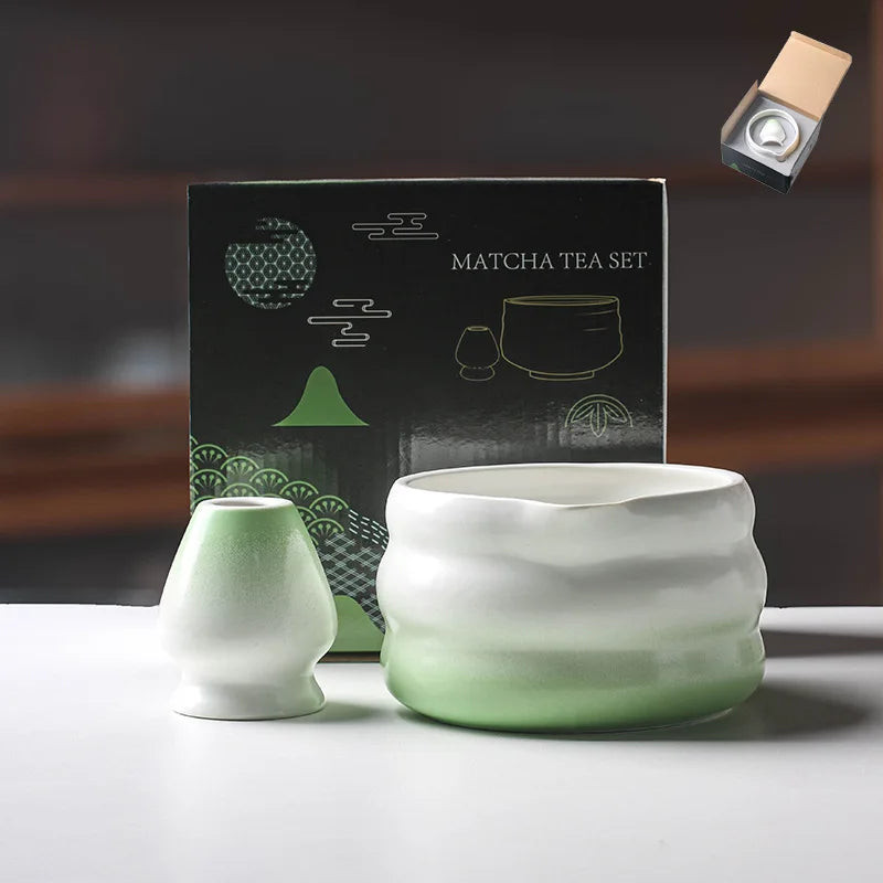 Japanese Matcha Bowl Set Green 550ml Ceramic with Spout for Tea Ceremony