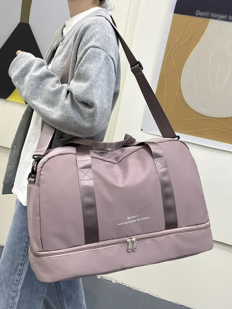 Travel Duffel Bag – Women's Pink, Shoe Compartment & Trolley Sleeve