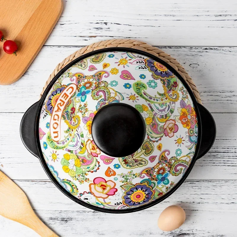 Ceramic Tagine Pot 2L – Floral Design, Gas Stove Safe & Conical Lid