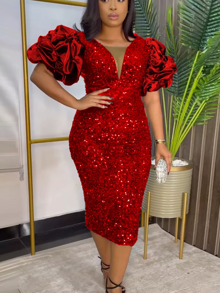 Plus-Size Vintage Puff-Sleeve Dress - Shiny Fall Magic Collection