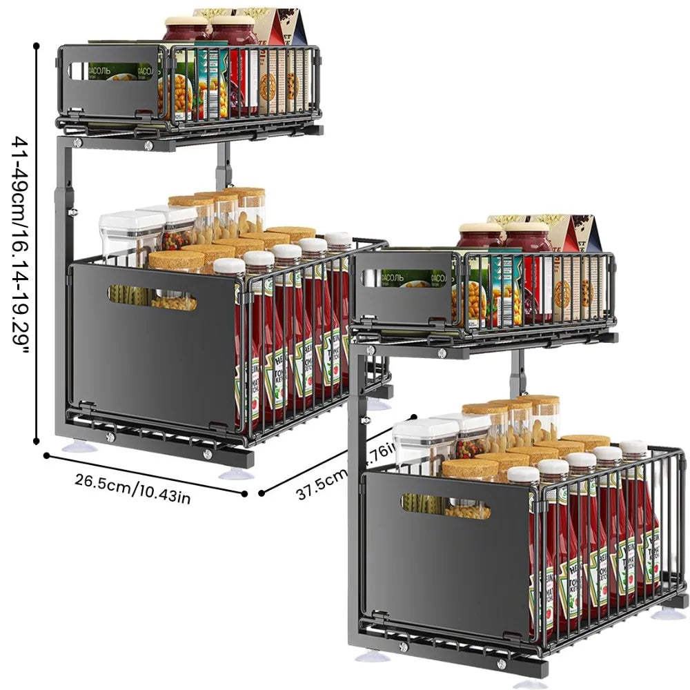 2-Tier Pull-Out Cabinet Organizer – Steel Frame, Height-Adjustable & Sliding Baskets