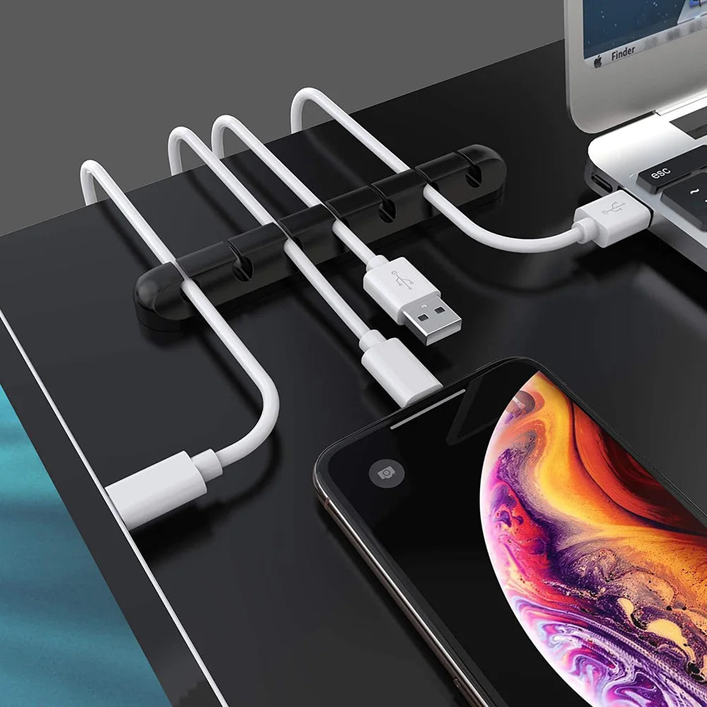 Self-Adhesive Cable Holder – Silicone, Multi-Slot & Black Desk Organizer