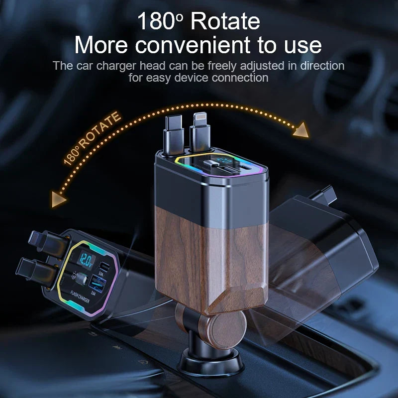 120W 4-in-1 Retractable Car Charger with USB-C & Cigarette Lighter Adapter - Vega
