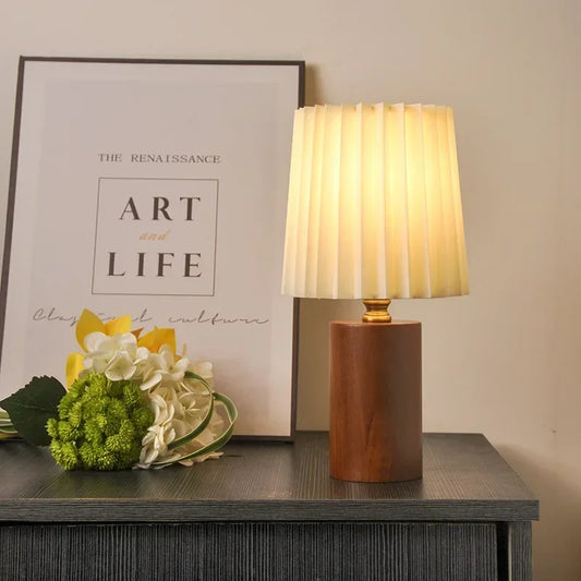 Table Lamp – Pleated Shade, Solid Wood Base & Nordic-Korean Design