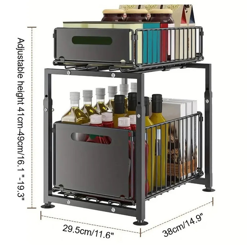2-Tier Pull-Out Cabinet Organizer – Steel Frame, Height-Adjustable & Sliding Baskets