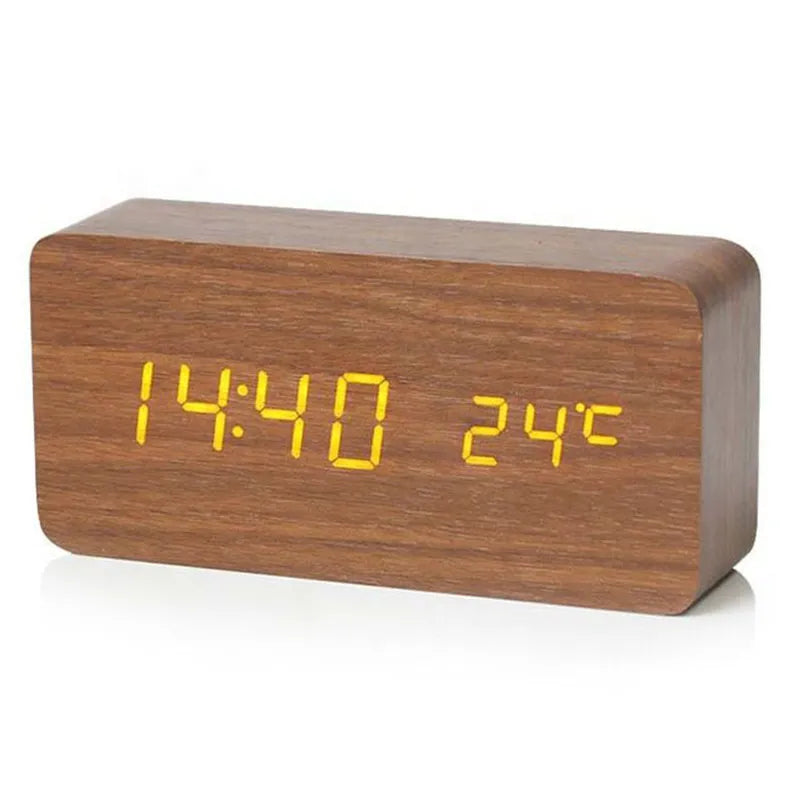 Wooden LED Alarm Clock – Temperature Display, USB/Battery & Adjustable Brightness