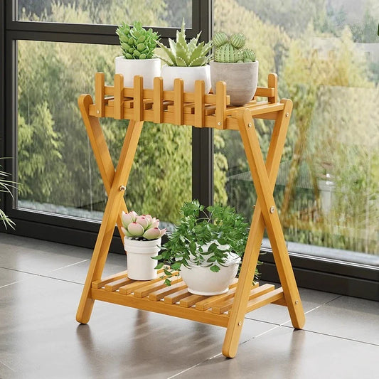 2 Tier Bamboo Plant Stand – Decorative Fence Trellis & Indoor and Outdoor Use