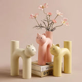 Porcelain Cat Bud Vase – Playful Design, Ivory, Yellow & Pink