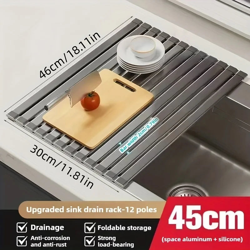 Roll-Up Sink Drying Rack – Aluminum, Heat-Resistant & 46/56cm Sizes