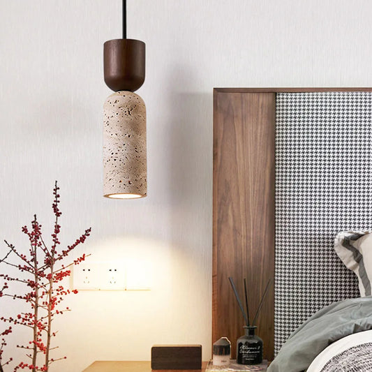 Travertine Wood Pendant Light – Wabi-Sabi Japanese Style, Minimalist Bedside Design