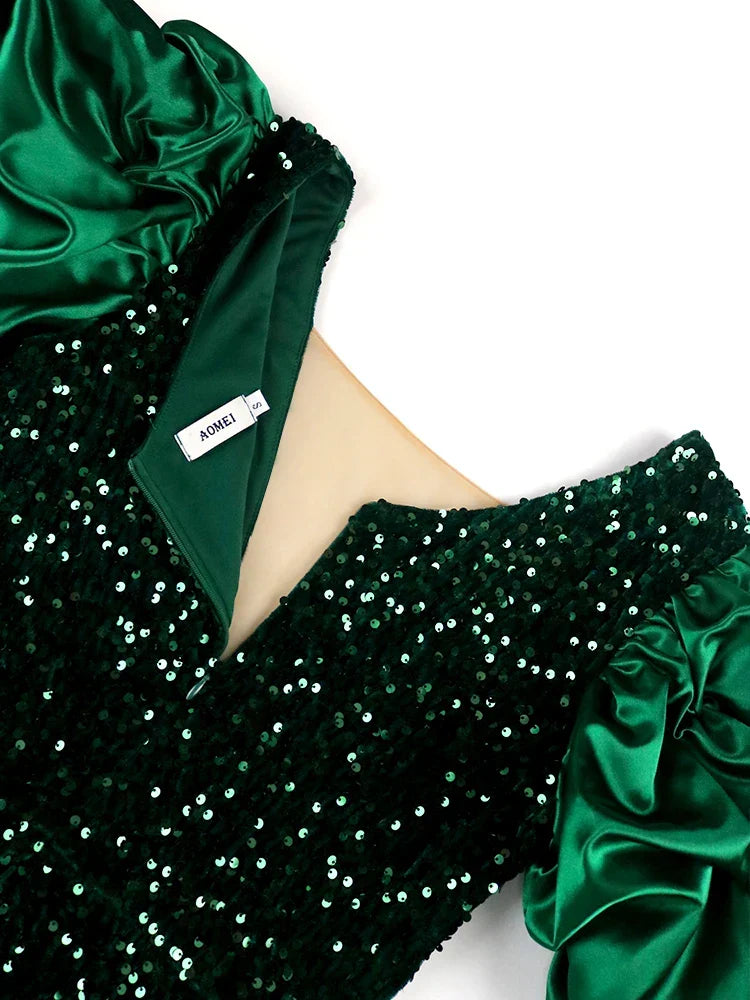Plus-Size Vintage Puff-Sleeve Dress - Shiny Fall Magic Collection
