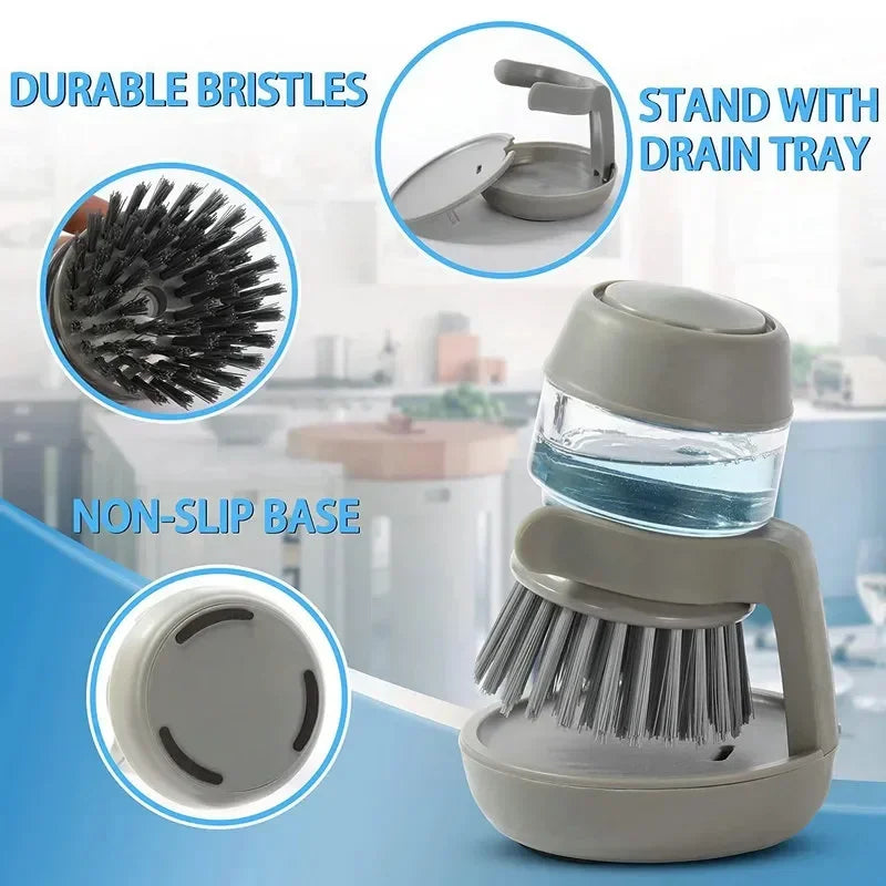 Dish Brush with Soap Dispenser – Ergonomic Grip, Refillable & Countertop Stand
