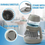 Dish Brush with Soap Dispenser – Ergonomic Grip, Refillable & Countertop Stand