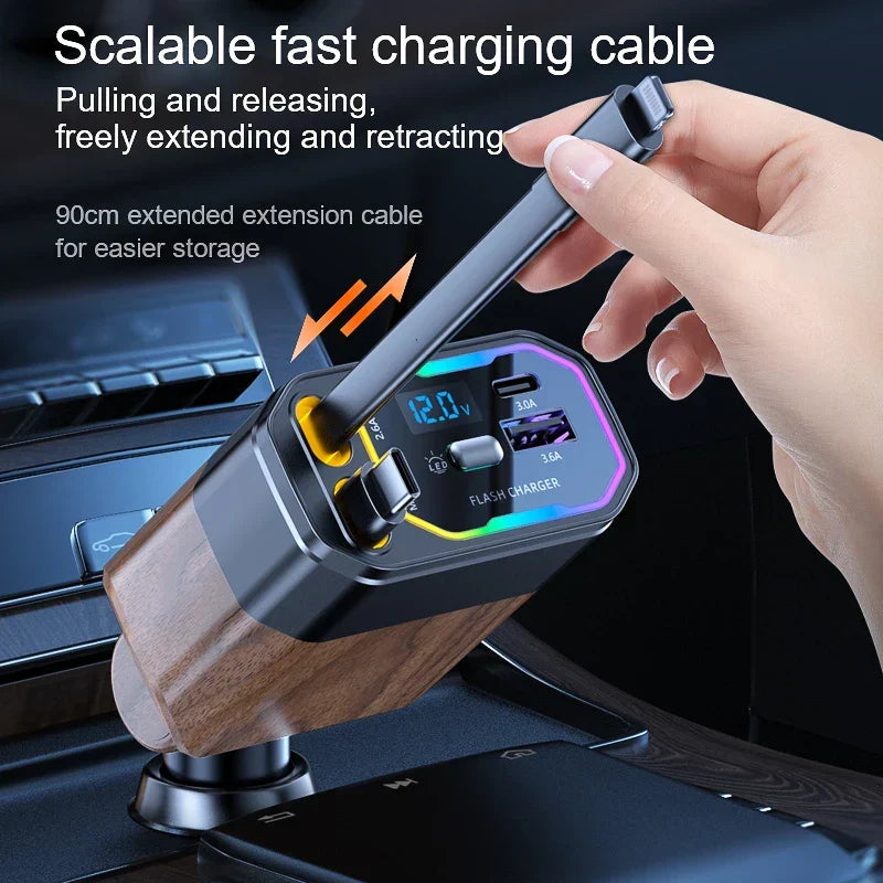 120W 4-in-1 Retractable Car Charger with USB-C & Cigarette Lighter Adapter - Vega