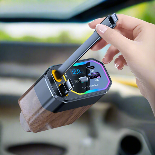 120W 4-in-1 Retractable Car Charger with USB-C & Cigarette Lighter Adapter