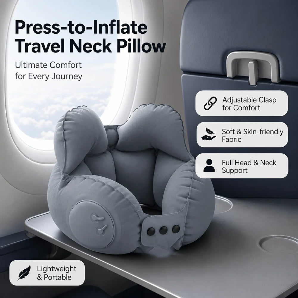 Inflatable Travel Neck Pillow – Push-Button Inflation, U-Shape & Adjustable Buckle