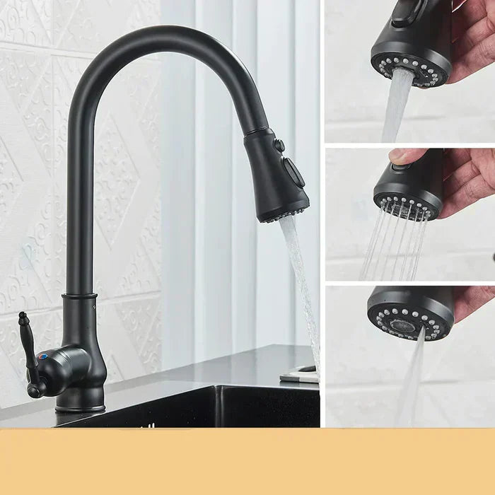 Pull-Down Kitchen Faucet – Matte Black/Antique Brass, Swivel Spout & Single Handle