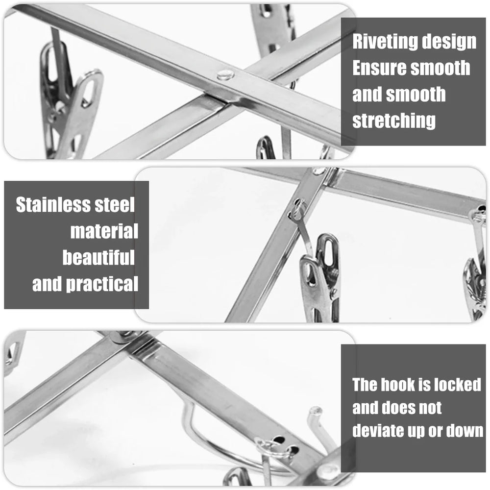 Folding Clothes Drying Rack – 35 Stainless Steel Clips, 360° Hook & Windproof