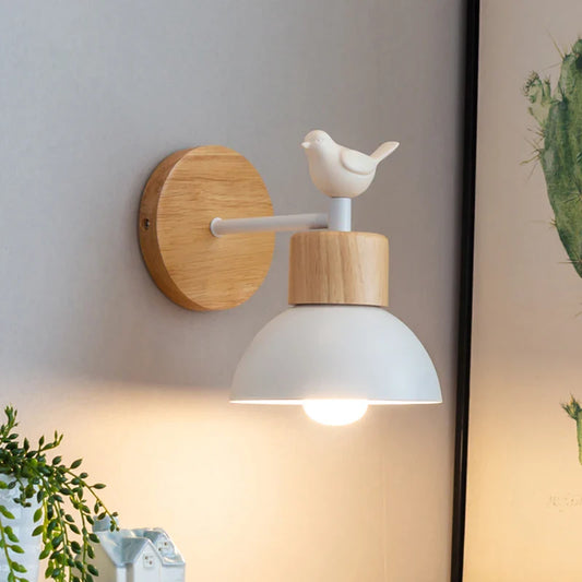 Wooden Wall Lamp – Nordic Bird Design, Wrought Iron Accent & LED Bulb Included