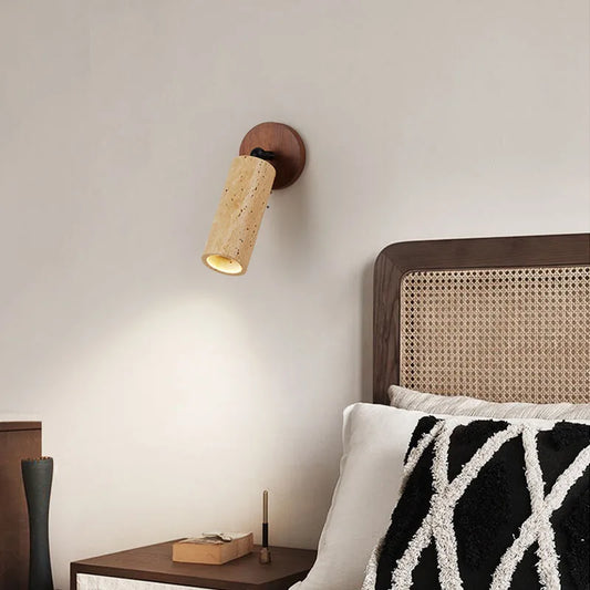 Huangdong Wall Lamp – Travertine Stone, Wood Accent & Wabi-Sabi Design
