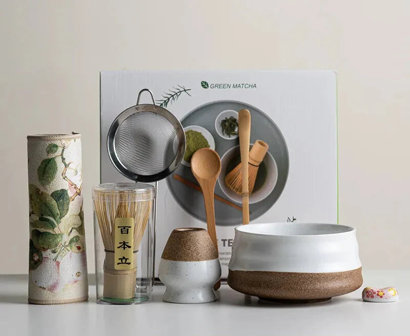 Matcha Set 8-Piece Sakura Design Ceramic Bowl Bamboo Whisk Frother
