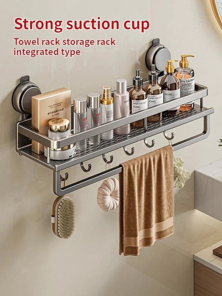 Wall-Mounted Bathroom Shelf – Suction Mount, Aluminum Alloy & Towel Bar