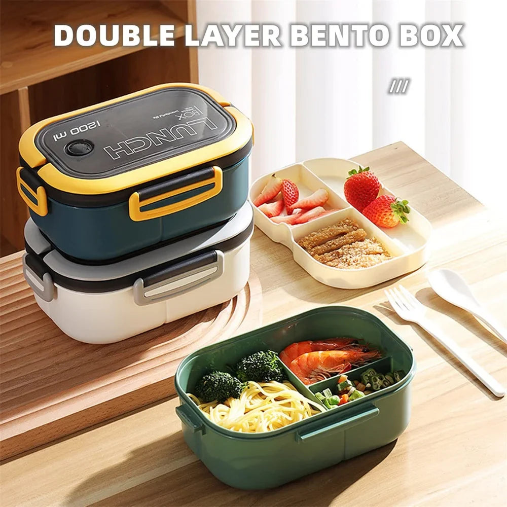 Bento Lunch Box – 1200ml 2-Tier Leakproof, Divided Tray & Spoon & Fork Included